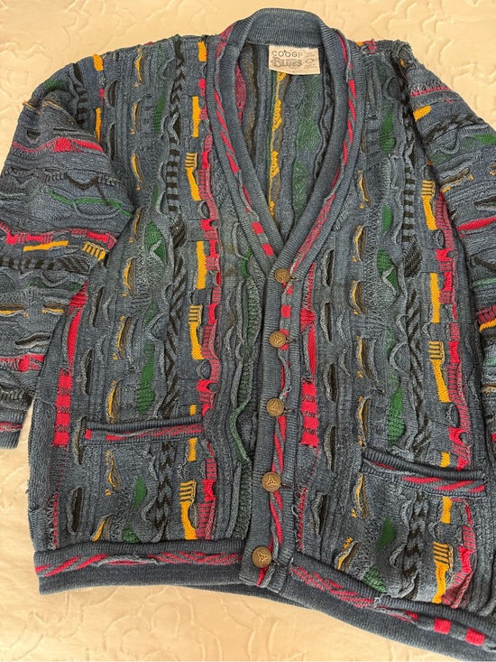 COOGI Other - COOGI Blue Multicolor Shawl-Collar Cable Cardigan with Bold Accents